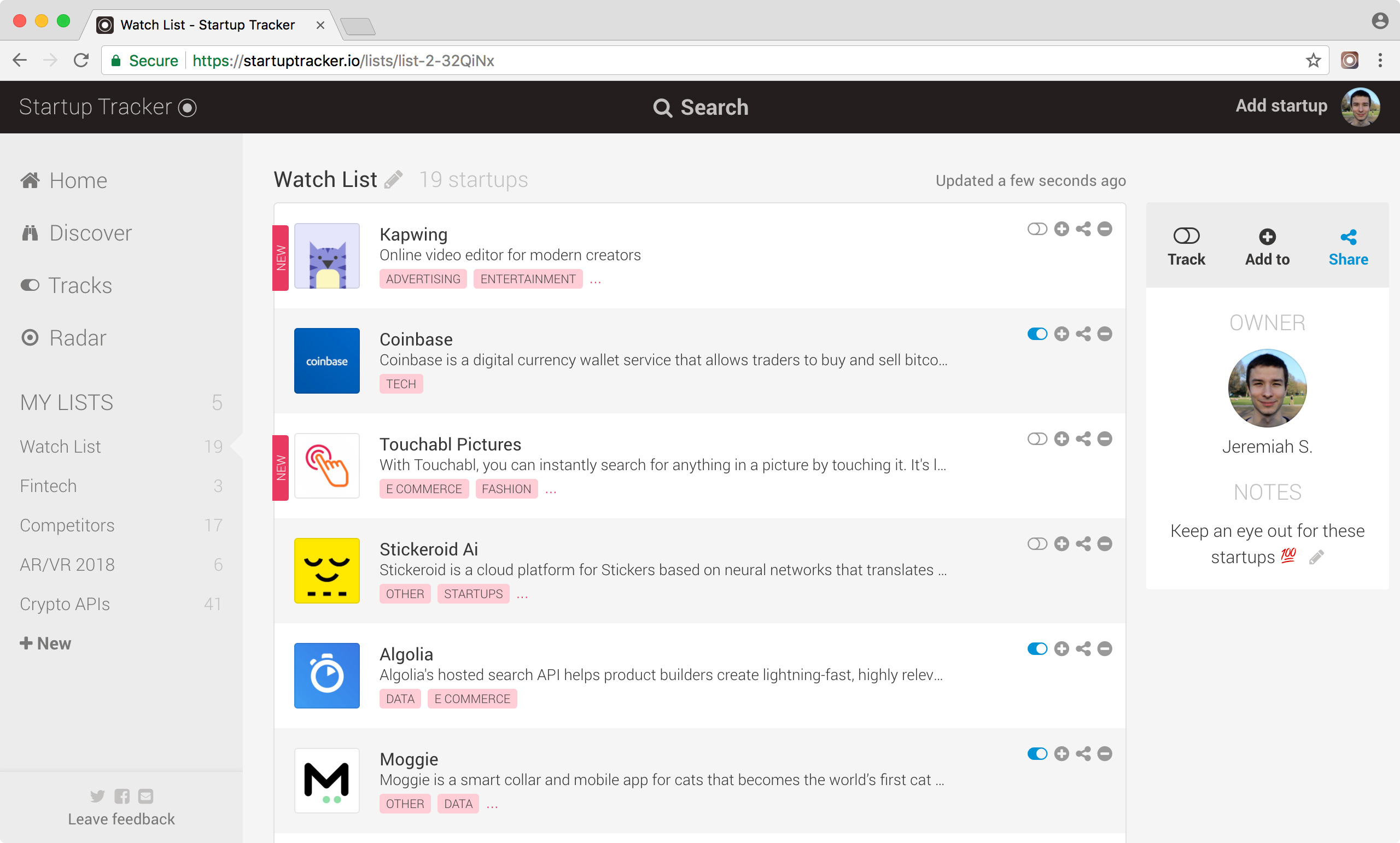 Startup Tracker Web screenshot
